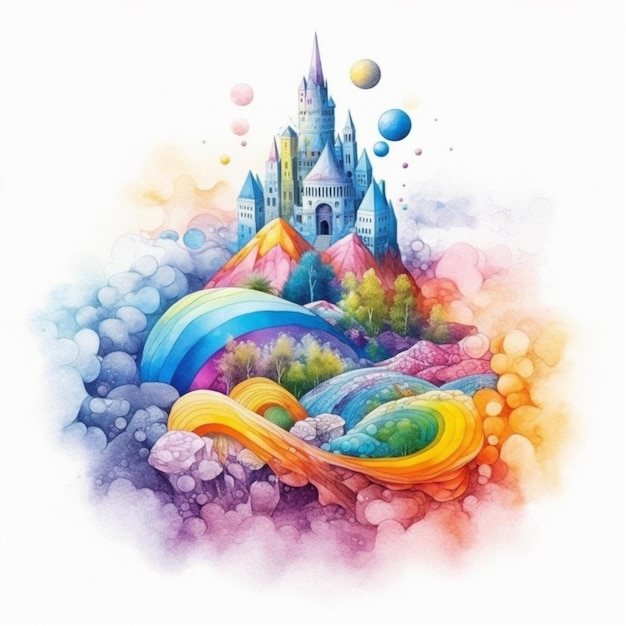 Um castelo de cores vivas cercado por arco-íris e bolhas generativas ai