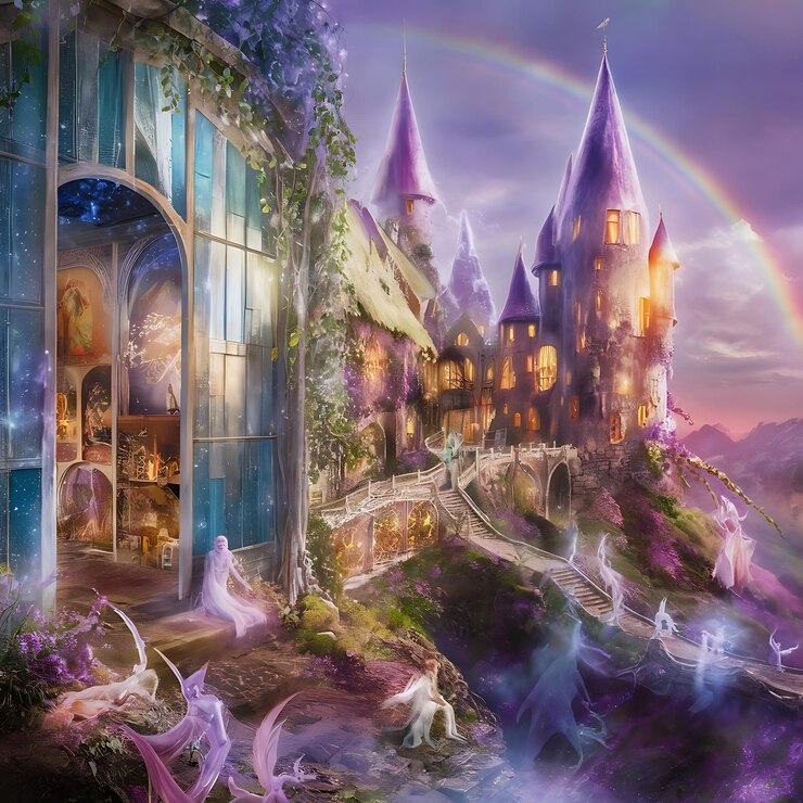 Foto um castelo de fadas com um castelo no topo dele