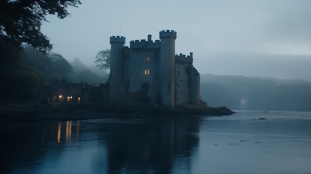 Um castelo em um lago com uma ponte ao fundo