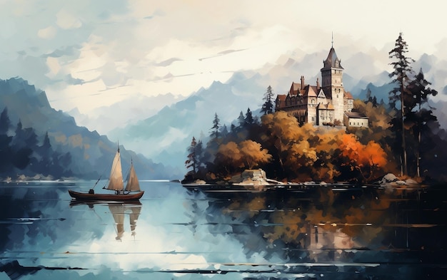 Um castelo em um lago pintando um usuário de IA gerativa