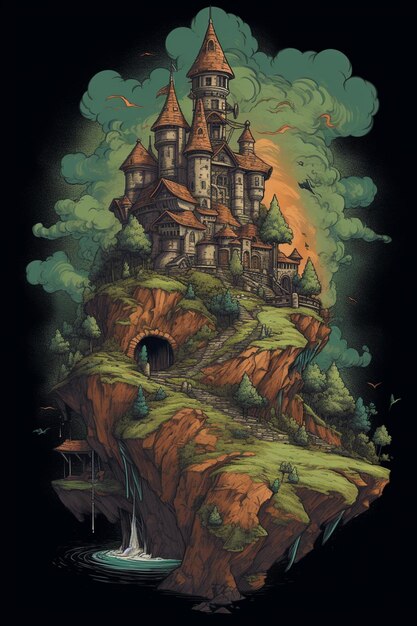 Um castelo em um penhasco com as palavras "o bruxo" na frente.
