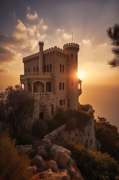 Um castelo em um penhasco com o sol se pondo atrás dele