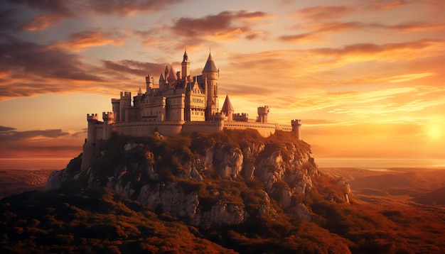 Foto um castelo em um penhasco com o sol se pondo atrás dele