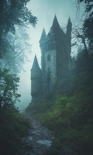 um castelo em uma colina com um castelo no fundo