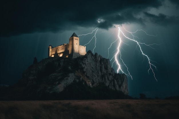 Um castelo em uma colina com um raio
