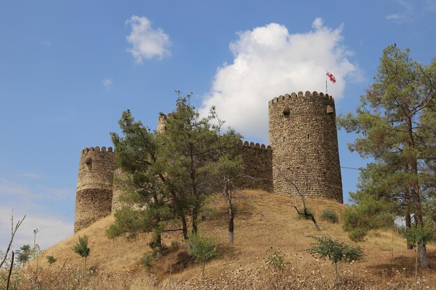 Um castelo em uma colina com uma bandeira vermelha nele