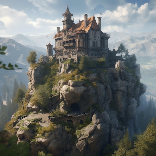 Um castelo em uma montanha com montanhas ao fundo