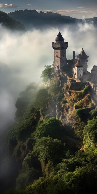 um castelo em uma montanha com um castelo no topo