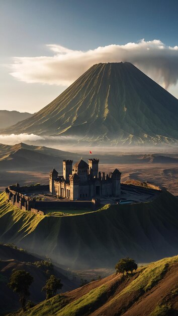 Foto um castelo em uma montanha com um pôr-do-sol no fundo