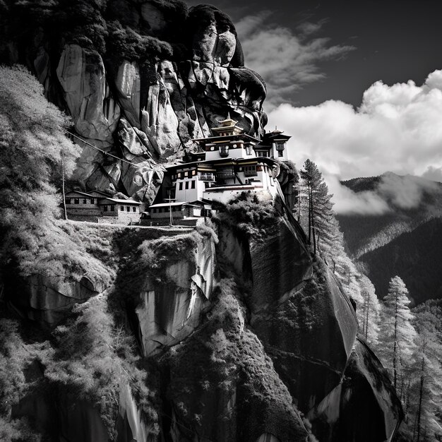 Foto um castelo em uma montanha com uma estátua no topo