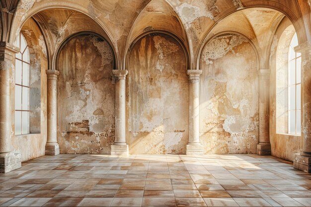 Um castelo encantador, uma parede bege inspirada com arcos elegantes, um sonho de fotógrafo.