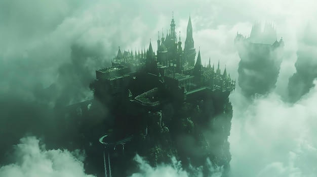 Foto um castelo escuro e misterioso está empoleirado no topo de um penhasco rochoso cercado por nuvens giratórias