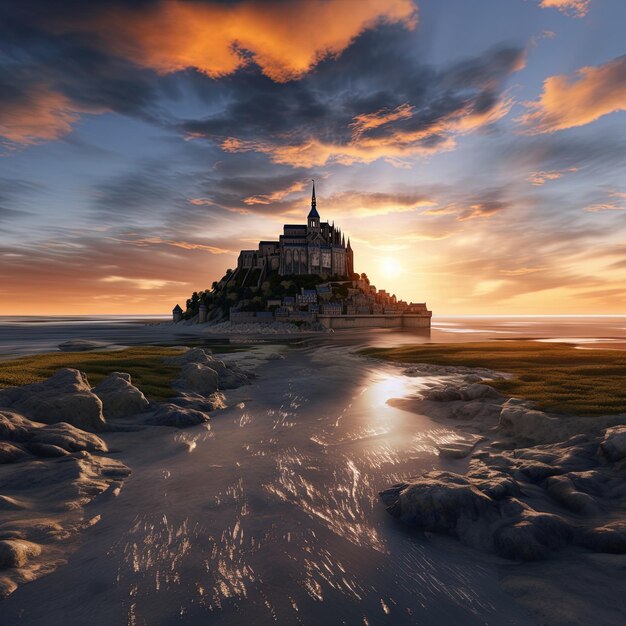 Foto um castelo está na praia e está em primeiro plano de um pôr-do-sol