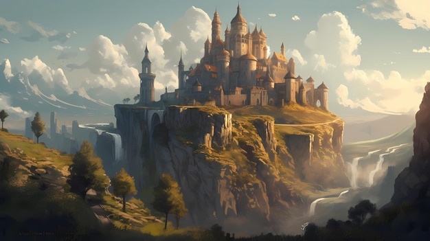 Um castelo gigante com paredes imponentes e ilustração de arte digital de torres