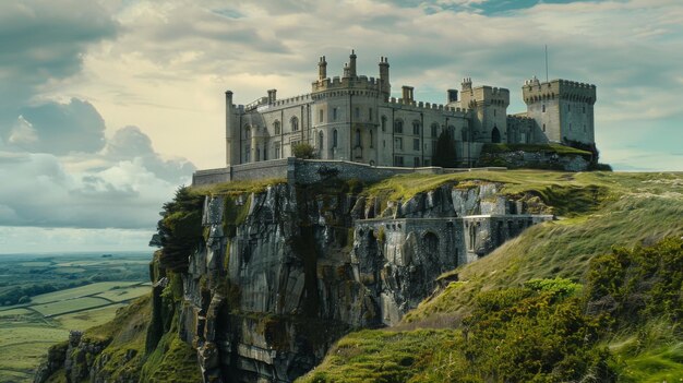 Foto um castelo histórico empoleirado no topo de um penhasco acidentado com vistas panorâmicas do campo circundante.