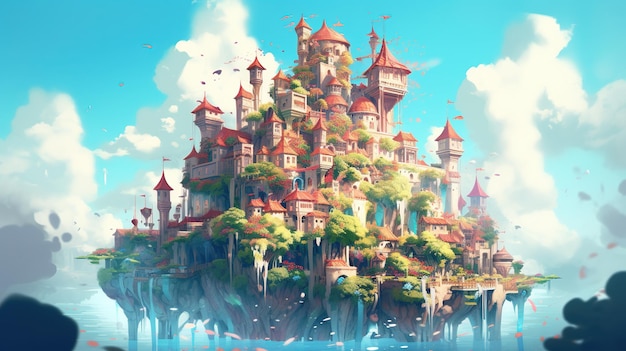 Um castelo mágico na ilha Conceito de fantasia Ilustração pintura Generative AI