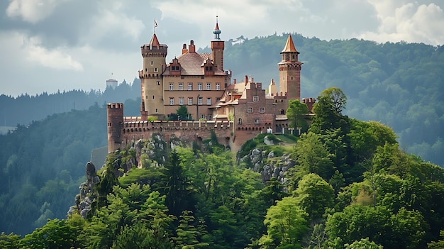 Foto um castelo majestoso cercado por florestas verdes e colinas onduladas um destino perfeito para aqueles que procuram uma fuga pacífica e relaxante