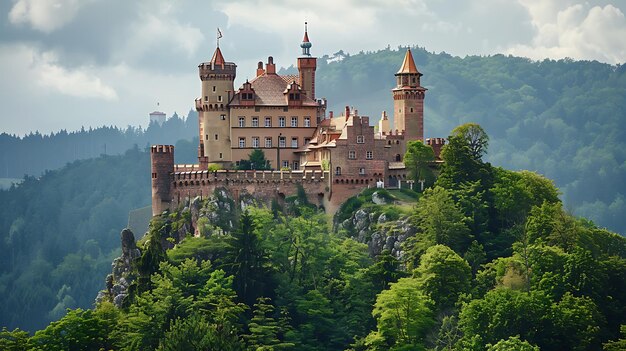 Foto um castelo majestoso com uma bela paisagem o castelo é cercado por árvores verdes e um rio o céu é azul com algumas nuvens brancas inchadas