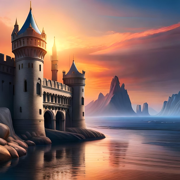 Um castelo na água com montanhas ao fundo