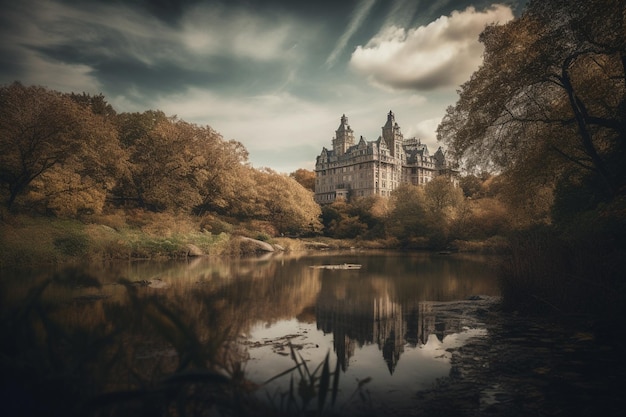 Um castelo na floresta com as árvores ao fundo