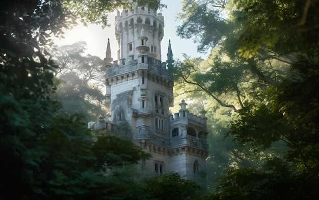 Um castelo na floresta com o sol brilhando por entre as árvores