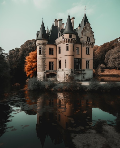 Foto um castelo na floresta com uma árvore ao fundo