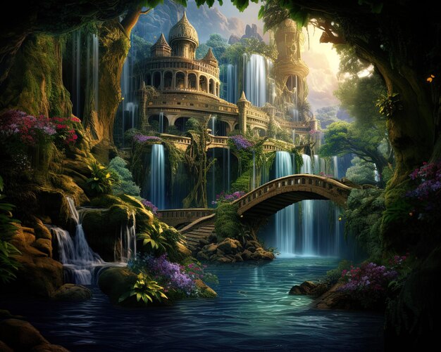um castelo na selva com uma ponte e uma cachoeira
