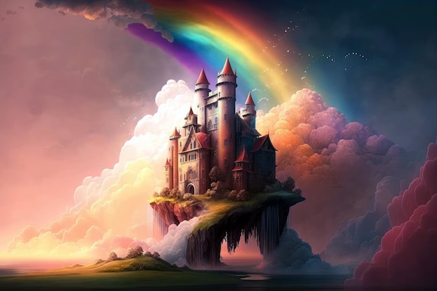Um castelo nas nuvens cercado por IA generativa de arco-íris
