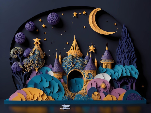 Um castelo no céu noturno com artesanato de corte de papel multicamada e multidimensional