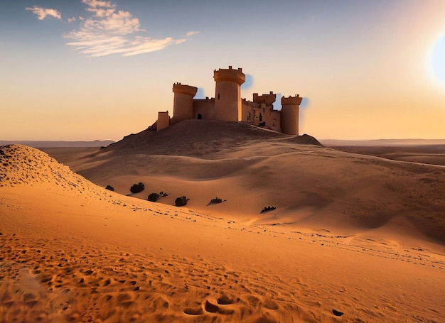 Um castelo no deserto com o pôr do sol