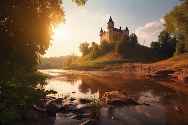 Um castelo no topo de uma colina ao lado de uma IA geradora de rio