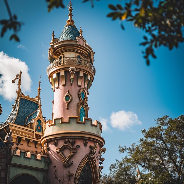 Foto um castelo rosa com um relógio no topo generativo ai