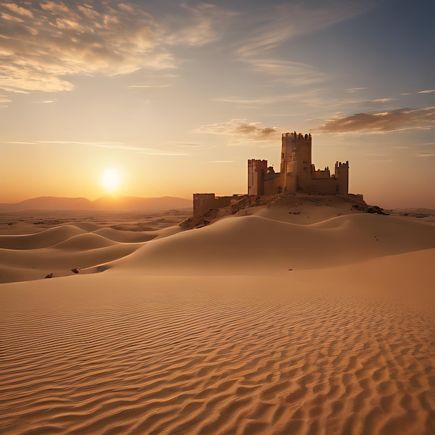 Foto um castelo senta-se na areia ao pôr do sol