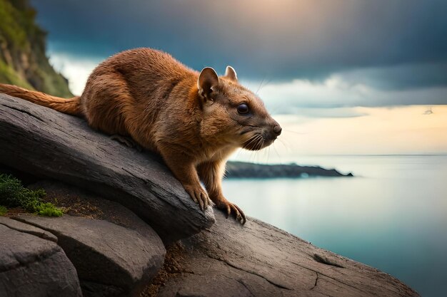 Um castor em uma rocha com um pôr do sol ao fundo