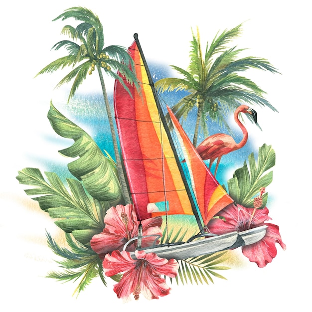 Um catamarã de veleiro laranja marinho brilhante com folhas tropicais e coqueiros flores de hibisco vermelho e flamingos rosa Composição de ilustração em aquarela da coleção CUBA