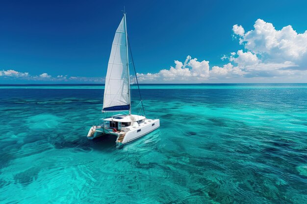 Foto um catamarã navegando no oceano em um dia ensolarado