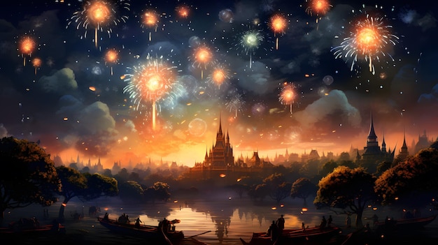 Um cativante céu noturno de Diwali cheio de fogos de artifício feliz Diwali