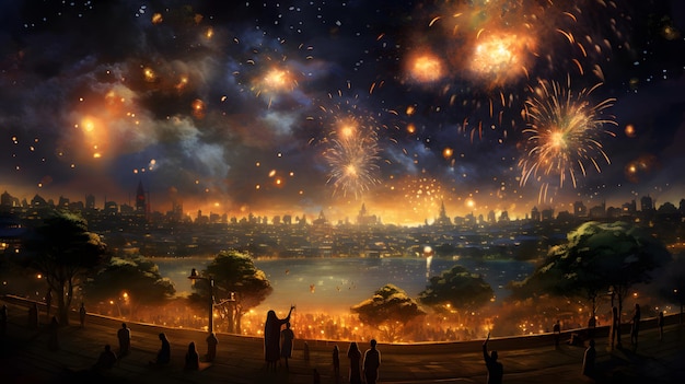 Um cativante céu noturno de Diwali cheio de fogos de artifício feliz Diwali