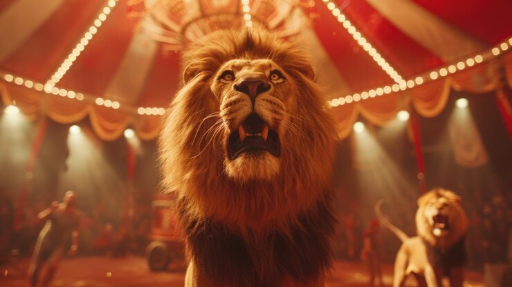 Foto um cativante circo com um grande fundo com acrobatas a voar pelo ar.