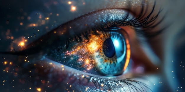 Um cativante close de um olho humano refletindo a vastidão de um espaço de cópia de galáxia