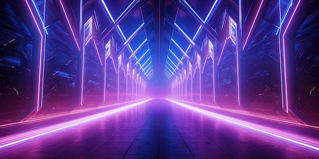 Um cativante corredor abstrato com padrões simétricos de luzes de néon levando para a frente