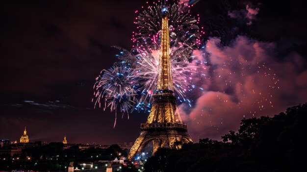 Foto um cativante espetáculo de fogos de artifício multicoloridos ilumina a torre eiffel