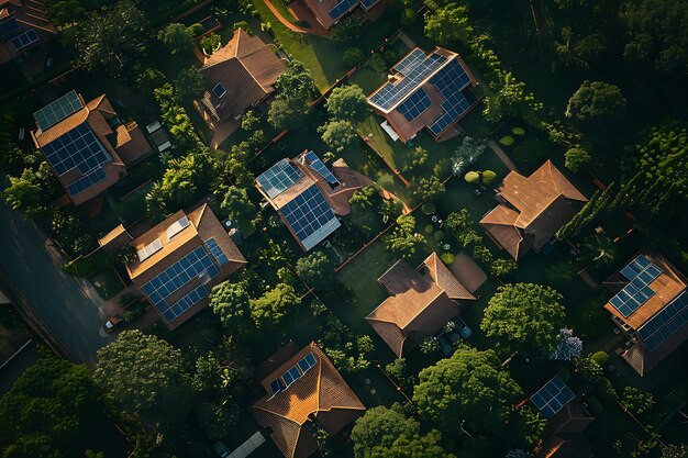 Um cativante panorama aéreo mostrando a elegância de casas movidas a energia solar em meio à natureza serena