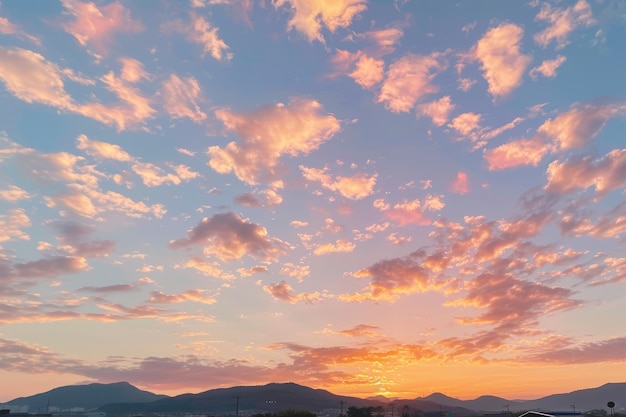 Um cativante pôr-do-sol pinta o céu com tons de laranja sobre montanhas distantes cena tranquila e dramática da natureza