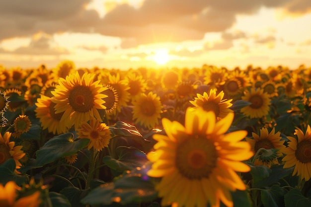 Um cativante pôr-do-sol sobre um campo de girassóis