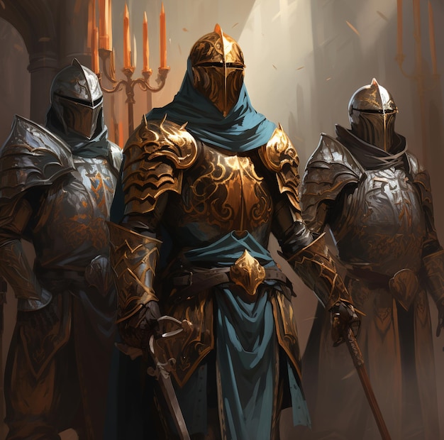 um cavaleiro com capa azul e armadura dourada com capa azul.