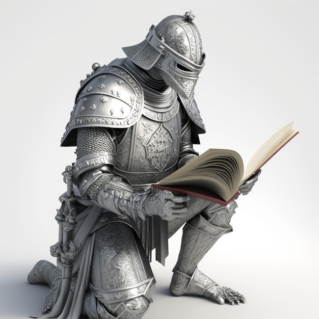 Um cavaleiro com um livro na mão está lendo.