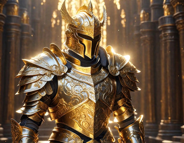 Um cavaleiro com uma armadura dourada brilhante
