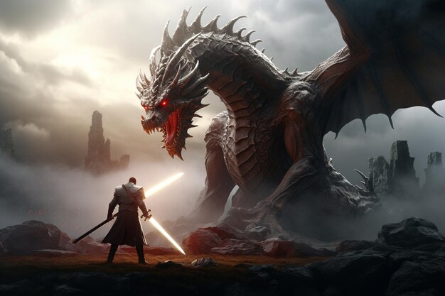 Um cavaleiro corajoso a lutar contra um dragão numa terra medieval.
