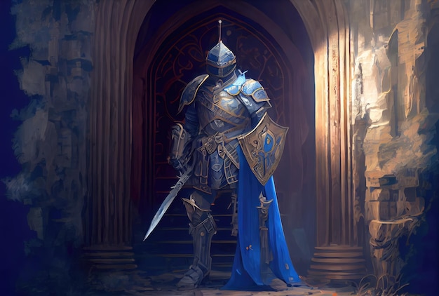 Um cavaleiro de armadura guardando o plano de fundo do palácio conceito de guerra medieval e cruzada generative ai